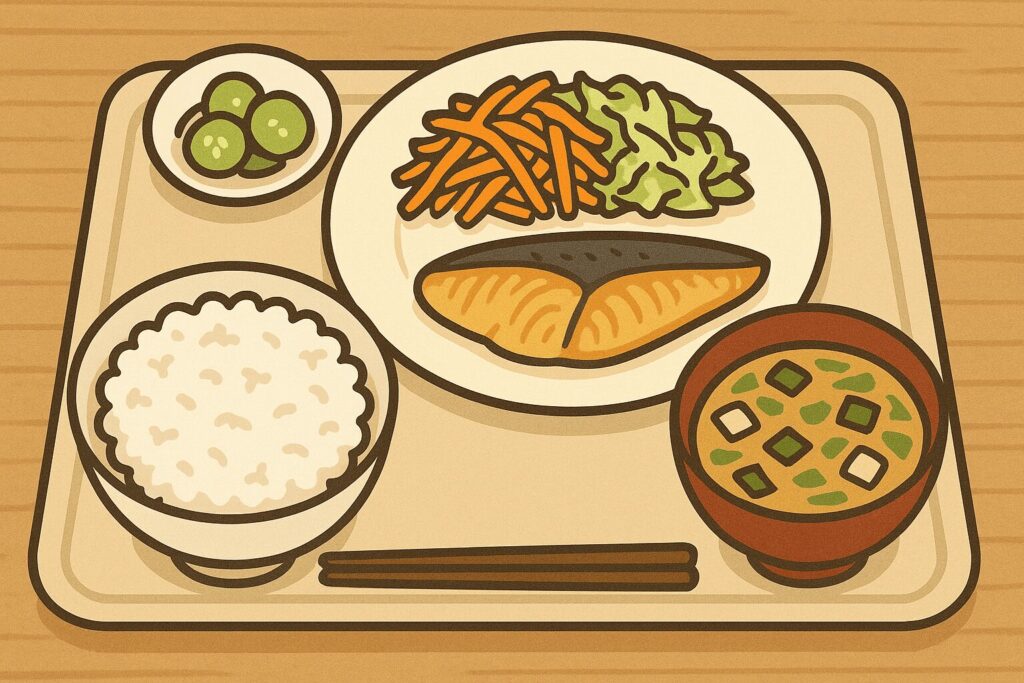 お盆の上に並んだ和食の定食。ご飯、味噌汁、焼き魚、千切りキャベツと人参のサラダ、きゅうりの漬物が整然と配置されている。